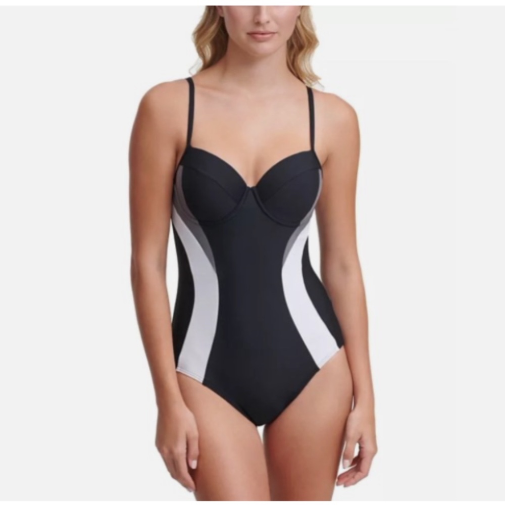 DKNY Colorblocked Tummy-Control Underwire One-Piece Swimsuit Blk 14 NWT $108
